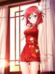  1girl bare_arms bare_shoulders blush bun_cover china_dress chinese_clothes curtains double_bun floral_print hair_bun highres love_live!_school_idol_project nishikino_maki redhead solo tucana violet_eyes window 