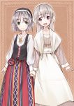  2girls :d alternate_costume blush eila_ilmatar_juutilainen finnish_clothes green_eyes highres holding_hands long_hair matsuryuu multiple_girls open_mouth russian_clothes sanya_v_litvyak short_hair silver_hair smile strike_witches traditional_clothes violet_eyes 