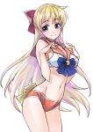  1girl aino_minako bishoujo_senshi_sailor_moon blonde_hair blue_eyes bow bra breasts choker hair_bow highres long_hair magical_girl matsuryuu midriff navel panties sailor_collar sailor_moon_narikiri_bra_set sailor_senshi sailor_venus sideboob simple_background smile solo underwear very_long_hair white_background 