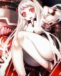  1girl airfield_hime eyelashes horns kantai_collection knees_together_feet_apart leotard long_hair looking_at_viewer machinery open_mouth red_eyes runway shinkaisei-kan sitting smile solo teroru very_long_hair white_hair white_skin wide-eyed 