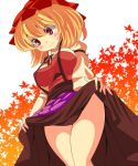  1girl aki_minoriko bare_legs blonde_hair breasts cowboy_shot eyes_visible_through_hair food fruit fruit_hat grapes impossible_clothes large_breasts long_sleeves looking_down mob_cap oimo_(imoyoukan) potato puffy_long_sleeves puffy_sleeves red_eyes short_hair skirt skirt_basket skirt_lift smile solo thighs touhou 