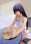  1girl absurdres bare_shoulders black_hair brown_background brown_eyes bust chair collarbone dress expressionless gokou_ruri goldengear870 hand_on_headwear hat hat_removed headwear_removed highres hime_cut lips long_hair looking_at_viewer nose ore_no_imouto_ga_konna_ni_kawaii_wake_ga_nai realistic sitting sleeveless small_breasts solo straw_hat sundress table white_dress 