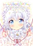  1girl 2015 :3 bell blue_eyes blush bust ech frills hairband happy_new_year looking_at_viewer new_year original red_string solo string translated white_hair 