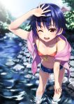  1girl ;d bikini blue_hair cutoffs front-tie_top hand_on_knee highres hoodie matsuryuu one_eye_closed open_clothes open_fly open_hoodie open_mouth river short_hair short_shorts shorts smile solo swimsuit unzipped water 