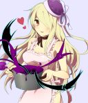  1girl apron bare_shoulders blonde_hair blush breasts choker cleavage darkness frilled_apron frills hair_over_one_eye hat hat_ribbon heart highres holding long_hair naked_apron niyasuke_(yama) open_mouth outline pandora_(p&amp;d) pot purple_background puzzle_&amp;_dragons red_eyes ribbon sideboob simple_background smile solo very_long_hair 