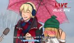  1boy 1girl bangs blonde_hair blush covering_face earmuffs embarrassed english fiorun hat holding jacket open_mouth payot rinkara scarf shulk smile special_feeling_(meme) umbrella xenoblade 