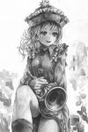  1girl :d boots bust dress facing_viewer frilled_dress frills hat hat_ornament holding instrument long_sleeves looking_away merlin_prismriver monochrome nagayo one_leg_raised open_mouth pose revision sitting smile solo touhou trumpet vest wavy_hair 