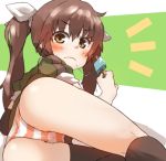  1girl :c amonitto ass black_legwear blush brown_eyes brown_hair hair_ribbon kantai_collection long_hair looking_at_viewer lying no_pants on_side panties popsicle puffy_sleeves ribbon saliva saliva_trail shirt striped striped_panties thigh-highs tone_(kantai_collection) twintails underwear 