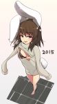  1girl 2015 alternate_costume animal_ears barefoot black_bra bra brown_hair bunny_tail foreshortening inaba_tewi ippongui open-chest_sweater rabbit_ears red_eyes short_hair small_breasts smile solo sweater tail touhou underwear 
