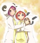  3girls akaza_akari brown_eyes brown_hair girl_sandwich goat_costume hug multiple_girls oomuro_hanako open_mouth purple_hair redhead sandwiched sugiura_ayano taito24 violet_eyes yuru_yuri 