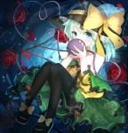  1girl aqua_eyes bai_yemeng bare_shoulders black_legwear bow collarbone covering_mouth floral_print flower hat hat_bow highres komeiji_koishi looking_at_viewer off_shoulder petals red_rose revision rose shirt silver_hair sitting skirt solo thigh-highs third_eye touhou vines 