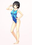  1girl absurdres asics bare_legs barefoot black_eyes black_hair breasts collarbone competition_swimsuit covered_navel hand_on_hip highres kuri_(kurigohan) looking_at_viewer one-piece_swimsuit original short_hair solo standing swimsuit v_over_eye 
