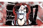  1girl airfield_hime bags_under_eyes breasts chain cuffs horns kantai_collection large_breasts leotard long_hair looking_at_viewer oso_(toolate) pale_skin red_eyes restrained shackles shinkaisei-kan solo very_long_hair white_hair 
