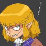  1girl angry blonde_hair clenched_teeth green_eyes mizuhashi_parsee onikobe_rin pointy_ears short_hair solo touhou 
