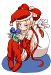  1girl bare_shoulders blonde_hair blue_eyes boots christmas collarbone detached_sleeves frown fudatsuki_kyouko fudatsuki_no_kyouko-chan fur_trim gift hair_ribbon hat high_ponytail holding_gift kijouyu_udon long_hair looking_at_viewer pom_pom_(clothes) ponytail red_boots red_ribbon ribbon sack santa_costume santa_hat simple_background sitting sleeves_past_wrists solo thigh-highs thigh_boots very_long_hair white_background 
