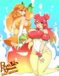  2girls agawa_ryou apple breasts denim food food_themed_clothes fruit green_eyes jeans multiple_girls orange orange_hair pants personification redhead 