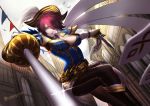  1girl alternate_costume architecture black_hair blue_eyes breasts cleavage eyes_visible_through_hair fencing fighting_stance fiora_laurent hair_over_one_eye highres large_breasts league_of_legends light_smile lips liuruoyu8888 looking_at_viewer multicolored_hair outdoors rapier redhead short_hair sword two-tone_hair weapon 