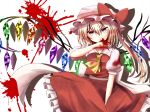  1girl ascot blonde_hair blood blood_stain dress flandre_scarlet frilled_skirt frills highres indo_(mdtanaka2007) licking_hand long_hair looking_at_viewer mob_cap puffy_short_sleeves puffy_sleeves red_eyes ribbon shadow short_sleeves side_ponytail skirt solo tongue tongue_out touhou white_background wings 