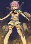  1girl :o akn92 cannon kantai_collection looking_at_viewer machinery midriff navel neckerchief night open_mouth purple_hair red_eyes school_uniform serafuku short_hair shorts solo tama_(kantai_collection) torpedo 