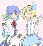  2girls alice_margatroid alice_margatroid_(pc-98) apron blue_eyes blue_hair blue_skirt blush bow collared_shirt commentary_request cowboy_shot gloves gradient_hair hair_bow hairband hand_up hinanawi_tenshi holding_hands kenuu_(kenny) long_hair long_skirt long_sleeves multicolored_hair multiple_girls no_pupils one_eye_closed open_mouth pink_background ponytail red_eyes short_hair short_sleeves skirt smile suspenders touhou touhou_(pc-98) younger 