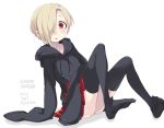  1girl arm_support bags_under_eyes black_legwear blonde_hair blush brown_eyes earrings hair_over_one_eye hoodie idolmaster idolmaster_cinderella_girls jewelry looking_at_viewer open_mouth sala_mander shirasaka_koume short_hair sitting skirt sleeves_past_wrists solo thigh-highs 