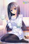  1girl :d absurdres aran_sweater black_hair black_legwear cup curtains hair_ornament hairclip highres hoshino_nagisa kimi_no_tonari_de_koishiteru! long_hair motomiya_mitsuki open_mouth pantyhose sitting smile sweater teacup teapot yokozuwari 