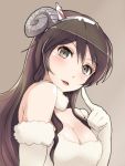  1girl animal_costume bare_shoulders black_eyes blush breasts brown_hair bust cleavage elbow_gloves fur_collar gloves hair_ornament hi-ho- horns long_hair sheep_costume sheep_horns solo white_gloves 