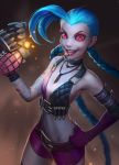  1girl :p ahoge bare_shoulders belt blue_hair braid bullet_necklace explosive fingerless_gloves flat_chest gloves grenade hand_on_hip highres huge_ahoge jinx_(league_of_legends) league_of_legends long_hair nail_polish nikonov_aleksand red_eyes short_shorts shorts smile solo tattoo thighs tongue tongue_out twin_braids very_long_hair 