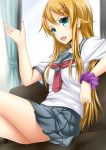  1girl blonde_hair couch fang green_eyes highres kousaka_kirino long_hair oosato_haya ore_no_imouto_ga_konna_ni_kawaii_wake_ga_nai school_uniform serafuku sitting 