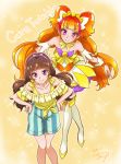  1girl amanogawa_kirara bare_shoulders brown_hair character_name chocokin cure_twinkle dated dual_persona earrings go!_princess_precure hairband hands_on_hips jewelry long_hair magical_girl multicolored_hair precure skirt smile solo star star_earrings streaked_hair twintails two-tone_hair violet_eyes 