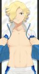  1boy blonde_hair earth_eleven hair_over_one_eye inazuma_eleven_(series) inazuma_eleven_go inazuma_eleven_go_galaxy jacket male_focus navel no_nipples official_style open_clothes open_jacket pants petagon pointy_ears saajesu_ruugu short_hair solo track_jacket track_pants 