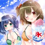  2girls ;d aqua_eyes bikini_top black_hair breasts brown_eyes brown_hair cleavage gift hair_bobbles hair_ornament hiryuu_(kantai_collection) kantai_collection looking_at_viewer multiple_girls nogi_takayoshi open_mouth parted_lips shaved_ice short_hair side_ponytail smile souryuu_(kantai_collection) twintails wink 
