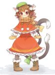  1girl :3 animal_ears black_legwear blush boots brown_hair capelet cat_ears cat_tail chen hat ibarashiro_natou jewelry looking_at_viewer mittens pantyhose scarf short_hair simple_background smile solo tail tail_bow touhou white_background 