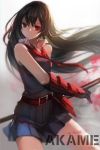  1girl :/ akame akame_ga_kill! black_hair character_name gauntlets long_hair looking_at_viewer necktie pleated_skirt red_eyes skirt solo swd3e2 wind 