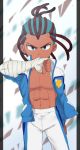  1boy bandages blue_eyes dark_skin earth_eleven inazuma_eleven_(series) inazuma_eleven_go inazuma_eleven_go_galaxy jacket looking_at_viewer male_focus muscle navel official_style open_clothes open_jacket pants petagon solo tetsukado_shin track_jacket track_pants 