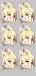  1girl absurdres animal_ear_fluff animal_ears bangs blonde_hair blue_eyes blush commentary_request eyebrows_visible_through_hair fox_ears grey_background highres kuro-chan_(kuro_kosyou) kuro_kosyou multiple_views open_mouth original short_eyebrows simple_background thick_eyebrows variations 