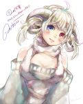  1girl animal_ears bare_shoulders blonde_hair blue_eyes blush bust fur heterochromia horns lma looking_at_viewer new_year off-shoulder_sweater original red_eyes sheep_ears sheep_horns short_hair signature simple_background solo sweater twitter_username white_background 