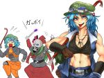  2girls :p abs bare_shoulders blue_eyes blue_hair crowbar gas_mask goggles goggles_on_head gordon_freeman gordon_freeman_(cosplay) hair_bobbles hair_ornament half-life hat kagiyama_hina kawashiro_nitori key multiple_girls muscle navel ryuuichi_(f_dragon) tongue tongue_out touhou 