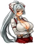  1girl alternate_breast_size alternate_hairstyle blush breast_hold breasts bust cleavage fujiwara_no_mokou large_breasts long_hair looking_at_viewer ponytail pout red_eyes sachito simple_background sketch solo touhou very_long_hair white_background 