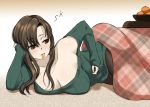  1girl blush bowl breasts brown_eyes brown_hair food_in_mouth head_rest kotatsu large_breasts long_hair lounging mattari_yufi mouth_hold off_shoulder orange_hair original pantyhose pantyhose_pull plaid ribbed_sweater solo sweater table 