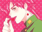  1boy cherry earrings food fruit green_eyes jewelry jojo_no_kimyou_na_bouken kakyouin_noriaki licking p-geist2 pink pink_hair profile solo 
