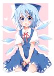  1girl blue_dress blue_eyes blue_hair bow chocolate cirno dress food food_on_face hair_bow hakobako heart ice ice_wings long_sleeves open_mouth shirt short_sleeves sitting solo touhou wariza wings 
