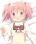  1girl artist_name blush bust flat_chest hair_ribbon kaname_madoka looking_at_viewer lying mahou_shoujo_madoka_magica navel on_back parted_lips pink_eyes pink_hair ran_(9ens2000) ribbon school_uniform shirt_lift short_hair short_twintails solo twintails 