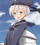  1girl 9law :d aqua_eyes blonde_hair blush clouds hat kantai_collection looking_at_viewer open_mouth sailor_collar short_hair sky smile solo twitter_username z1_leberecht_maass_(kantai_collection) 