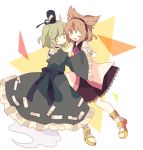  2girls blonde_hair brown_hair daizu_(melon-lemon) dress earmuffs ghost_tail green_dress green_eyes green_hair hand_on_another&#039;s_shoulder hands_together hat highres japanese_clothes jewelry multiple_girls one_eye_closed open_mouth short_hair skirt sleeveless smile soga_no_tojiko tate_eboshi touhou toyosatomimi_no_miko yellow_eyes 