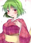  1girl alternate_costume breasts commentary floral_print green_hair hammer_(sunset_beach) japanese_clothes kazami_yuuka kimono large_breasts looking_at_viewer obi open_mouth plaid red_eyes sash short_hair solo touhou tsurime 