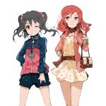  &gt;:) 2girls \m/ adjusting_hair andrian_gilang bag belt black_hair blush casual cowboy_shot dot_nose dress earphones floral_print grin hand_in_pocket hand_on_hip handbag long_hair looking_at_viewer love_live!_school_idol_project multiple_girls nishikino_maki print_dress red_eyes redhead scrunchie shorts simple_background smile stopwatch track_jacket twintails violet_eyes watch white_background winking yazawa_nico 