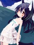  1girl animal_ears bare_shoulders black_hair blush brown_eyes dress facepaint flat_chest highres long_hair looking_at_viewer original paprika_shikiso see-through solo tail white_dress 