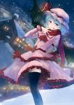  1girl adapted_costume ascot bat_wings black_legwear blue_hair blush building cityscape dress finger_to_mouth frills hat hat_ribbon highres house long_sleeves looking_at_viewer mob_cap night pink_dress puffy_sleeves red_eyes remilia_scarlet ribbon sash scarf short_hair smile snow snowing solo thigh-highs tongue tongue_out touhou wings you_(shimizu) zettai_ryouiki 