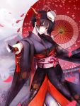  1girl black_hair clouds cloudy_sky fami_(yellow_skies) floral_print fox_mask hair_ornament highres japanese_clothes kimono knife long_sleeves looking_at_viewer mask obi oriental_umbrella original petals red_eyes sash short_hair sky solo umbrella volcano wide_sleeves 